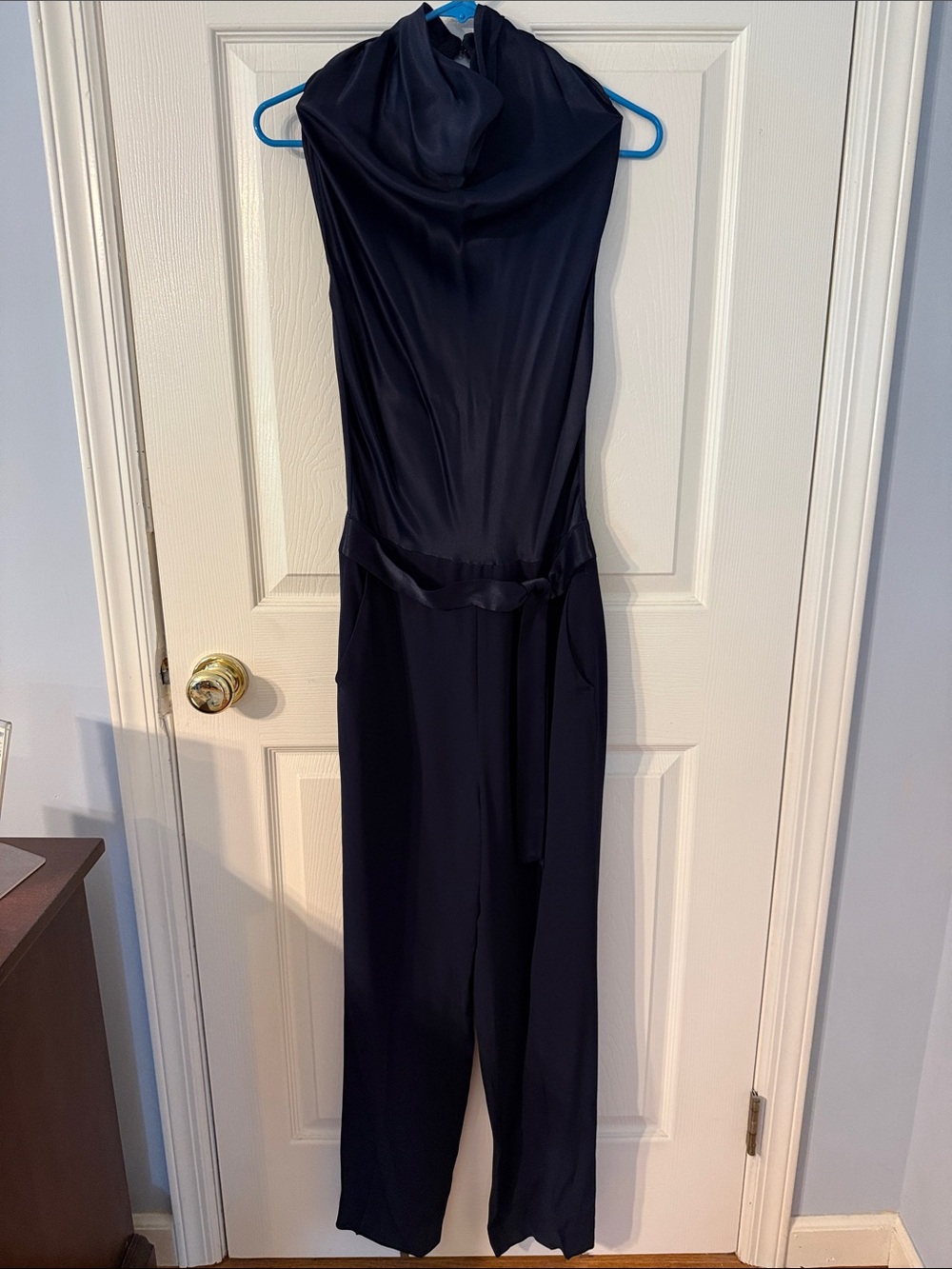 Reiss Navy Cowl-Neck Jumpsuit with Self-Tie Waist